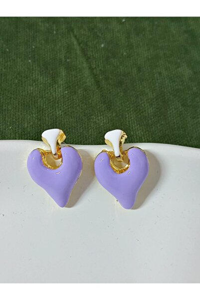 mos&more Lila Mineli Kalp Hafif Şık Kadın Küpe