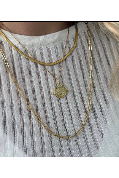 mibrillo Çelik 3lü Kolye ( İtalyan Zincir . Ataç Zincir . Madalyon ) Çoklu Kolye