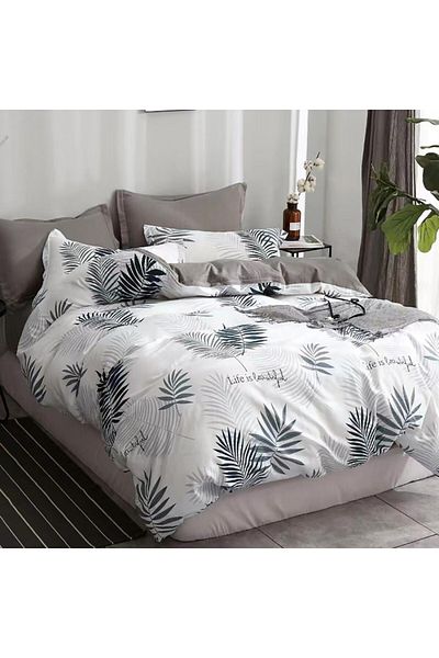 Pucioasa Double percale bed linen, 100% cotton, white-gray leaves