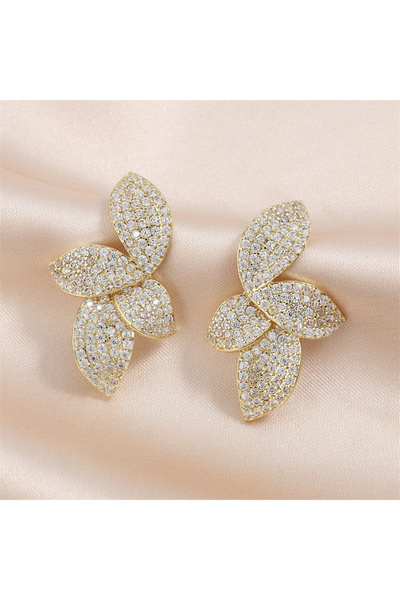 Choice أقراط ذهبية اللون فاخرة لامعة مرصعة بالزركون على شكل أوراق شجر للنساء، أقراط متماثلة رائعة من الزركون AAA