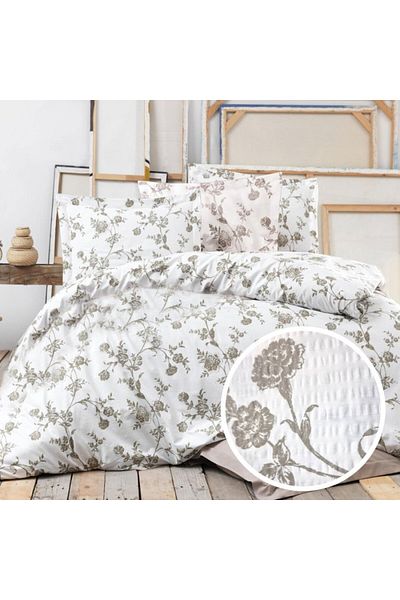 Pucioasa Double crepe bed linen 6 pieces, 100% cotton, white with beige flowers