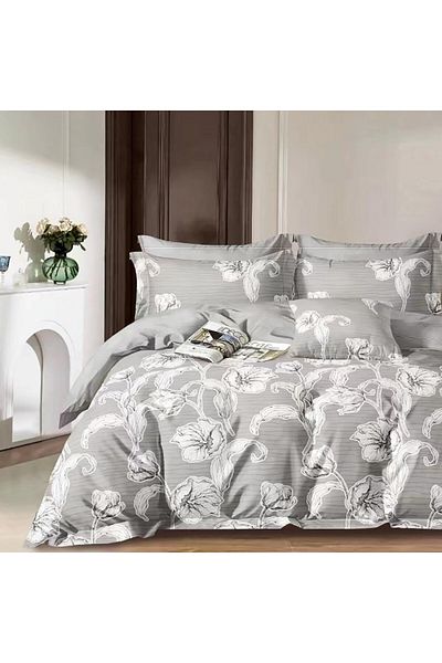 Pucioasa Double percale bed linen 6 pieces 100% cotton, white flowers on a gray background