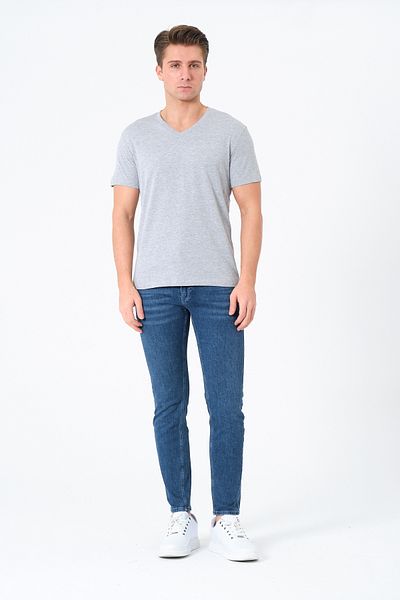 Rich Men's 100% Cotton Short Sleeve Gray T-Shirt V-Neck Basic Men's T-Shirt