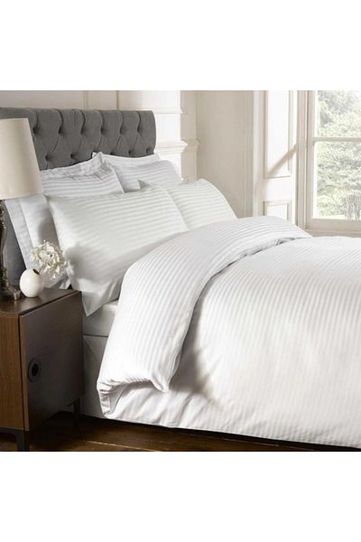 Pucioasa Lenjerie de pat dublu 4 piese, damasc hotelier cu dungi 1 cm, alba