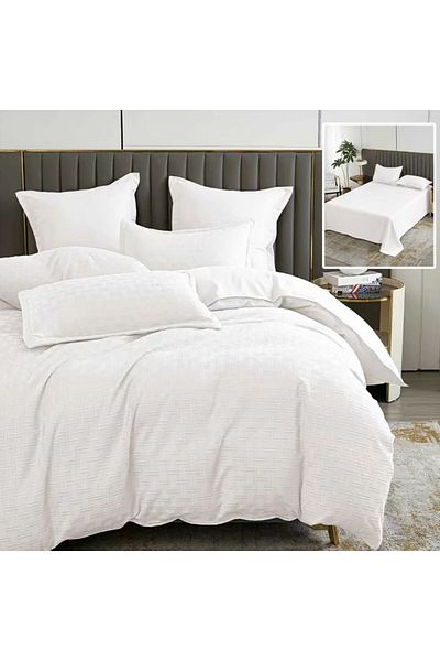Pucioasa Double bed linen, plain geometric, 6 pieces, polycotton, White