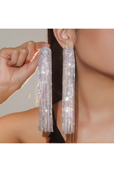 Choice أقراط متدلية من الفضة طويلة من FYUAN مرصعة بأحجار الراين بالكامل للنسا...