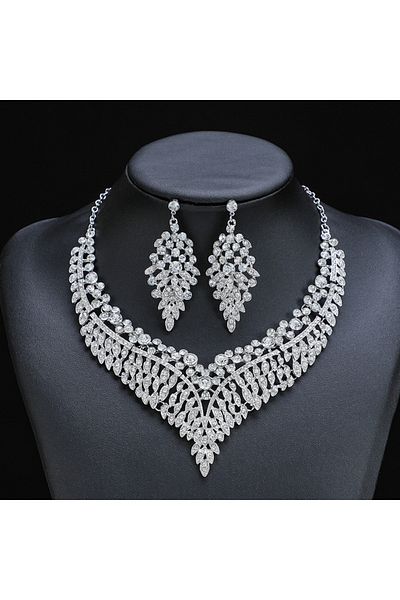 Choice 8884-silvery 3pc Women's Fashion Starry Leaf Embellishments Necklace Earrings Jewelry Set Wedding Ba