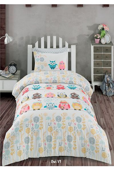 Bahar Majoli Home Lenjerie de pat pentru copii Majoli Bahar 100% bumbac Ranforce 144 TC pentru 1 persoană 3 buc Bufniță