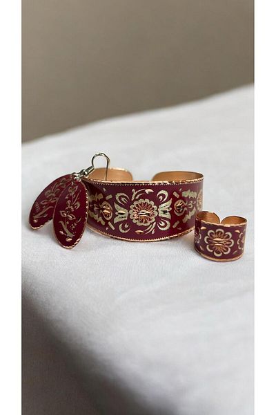 PrestigeSO Copper Bracelet Copper Earrings Copper Ring Set Special Edition Red Set
