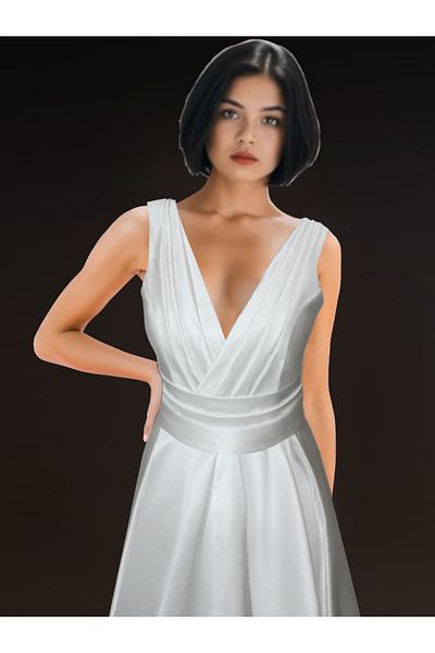ASL Draped V Neck Skirt Pleated Flared Cut Wedding Dress