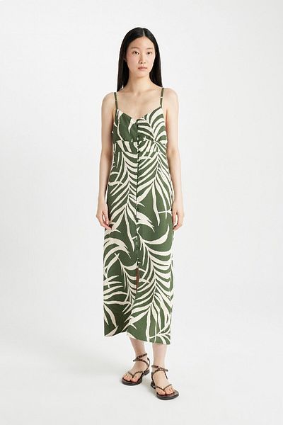 DeFacto V-Neck Tropical Patterned Maroken Strap Maxi Dress A9178Ax24Sm