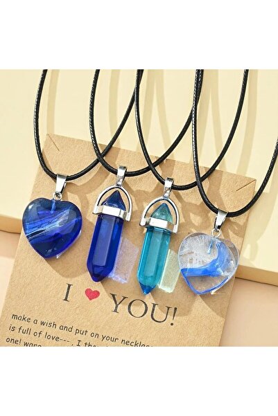 Choice مجموعة قلادات من 4 قطع من حجر زجاجي هندسي مع خيارات حجر أوبال وردي وأز...