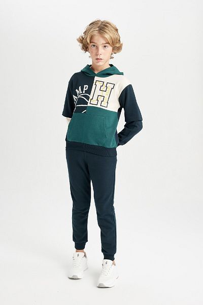 DeFacto Hooded Printed Sweatshirt and Jogger Tracksuit Set for Boys - Kangaroo Pocket C8318A824Au