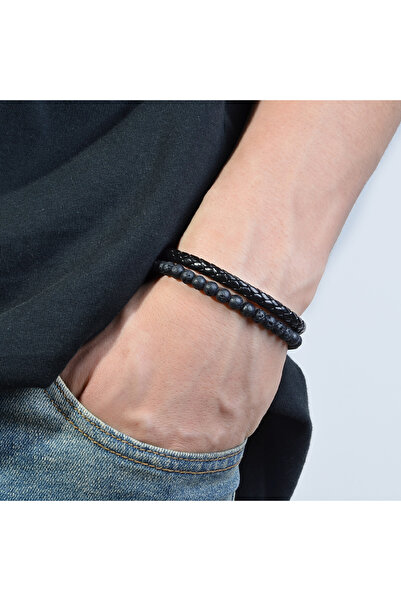 Choice سوار من الفولاذ المقاوم للصدأ من لافا، قطعة واحدة، مصنوع من خرز حجر عي...