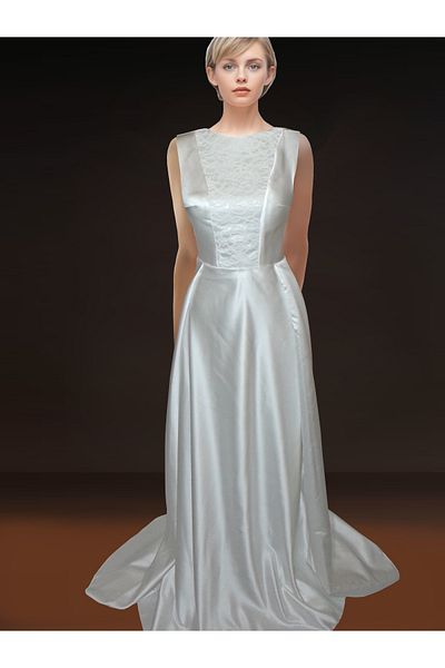 ASL Front Lace Detail Boat Neck A-Line Sweep Train Engagement Wedding Dress Evening Dress