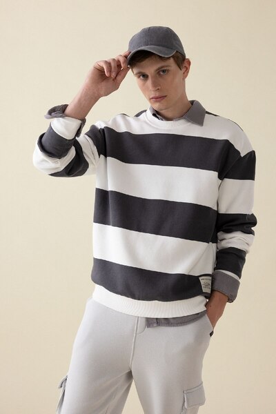 DeFacto Antrasit Boxy Fit Bisiklet Yaka Çizgili Sweatshirt A9066ax24au