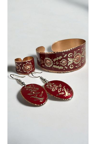 PrestigeSO Copper Bracelet Copper Earrings Copper Ring Set Special Edition Red Set