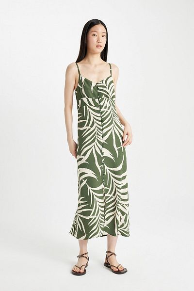 DeFacto V-Neck Tropical Patterned Maroken Strap Maxi Dress A9178Ax24Sm