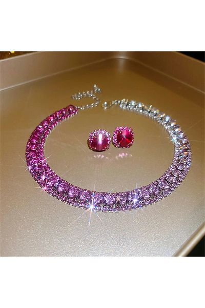 Choice 3272-17 Luxury Crystal Necklace Earrings Set Pink ABcolourful Necklace for Women Weddings Party Jewe