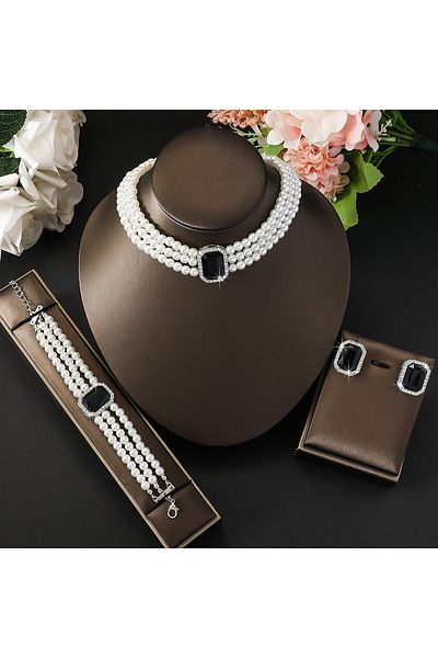 Choice 808433-Black 4PC Women's Fashion Light Luxury Short Style Imitation Pearl Turquoise Necklace Earring