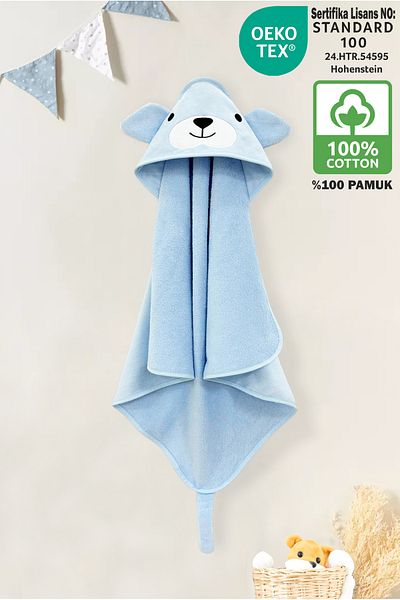 Ellaline Blue Dog Velvet Baby Towel - 100% Cotton, Oeko-Tex Certified, Soft Absorbent and Warm