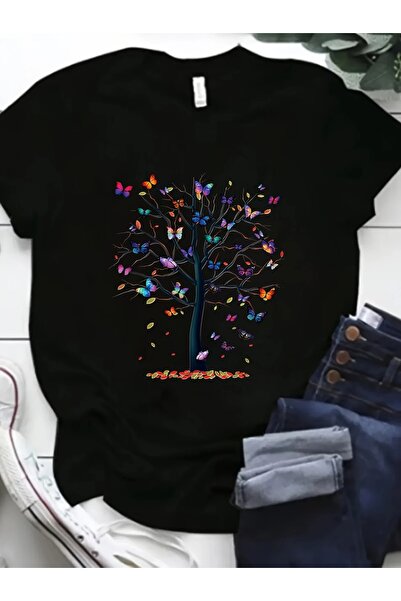 LAND MODA Μπλουζάκι με στάμπα Butterfly Tree, Άνετο μπλουζάκι με κοντό μανίκι...