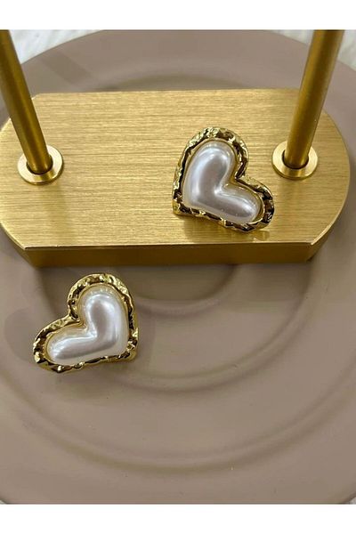 Liwer Steel Women's Gold Pearl Heart Detailed Design Earrings