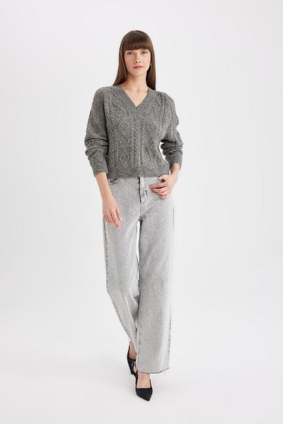 DeFacto Pulover tricotat împletit cu decolteu în V Relax Fit C9060ax24wn