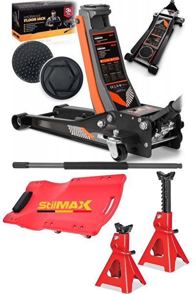 stilmax 3Ton Düşük Profil Çift Piston Güçlendirilmiş Kriko + 3Ton Sehpa Kriko Seti Tamirci Kızağı Garaj Seti