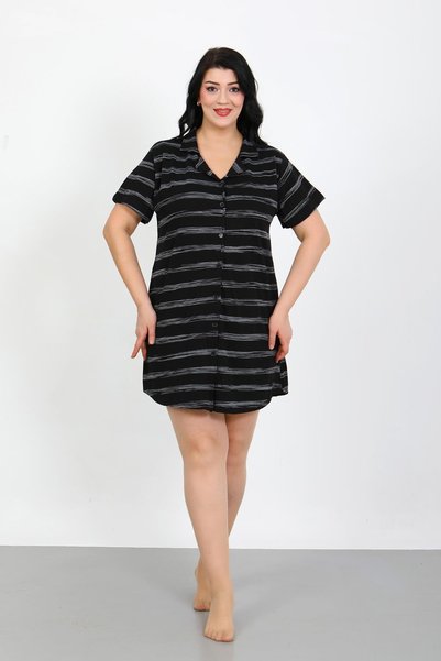Mestore Fashion Line Large Size Combed Cotton Button Black Tunic Nightgown 1033