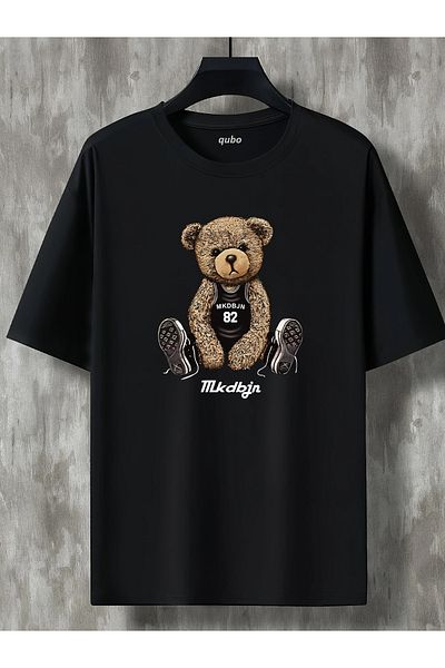 Tricou negru cu mânecă scurtă, unisex, din bumbac, cu imprimeu supradimensionat