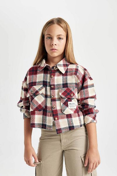 DeFacto Girl - Relax Fit Checked Crop Shirt, Long Sleeve C9481A824Au