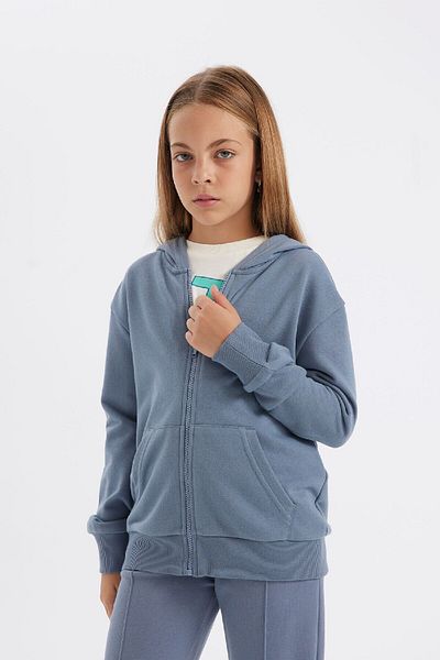 DeFacto Girls - Anthracite Zippered Plain Hooded School Cardigan C8110A824Au