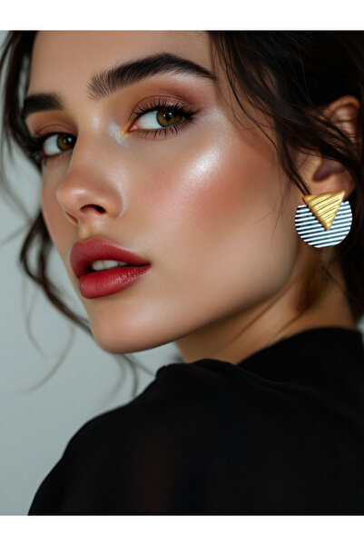 La fee aksesuar Çelik Küpe - Siyah Çizgili Gold Detay Polimer Kil Küpe