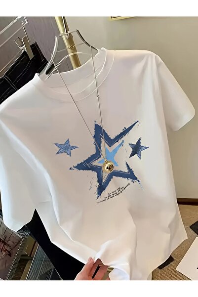 LAND MODA Γυναικείο μπλουζάκι με 100% γεωμετρικό στάμπα αστεριών - Καλοκαιριν...