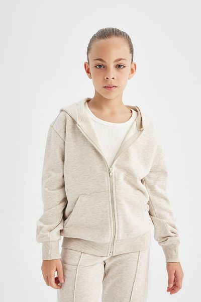 DeFacto Girl's Basic Plain Hooded Zippered School Cardigan C8110A824Au