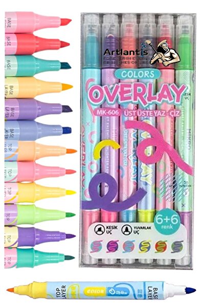 Artlantis Overlay Fosforlu Kalem 6+6 Renk 1 Paket 12 Renk İnce ve Kesik Uçlu ...