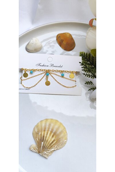 MYSTERY TAKI AKSESUAR Blue Glass Bead Sequin Gold Chain Anklet