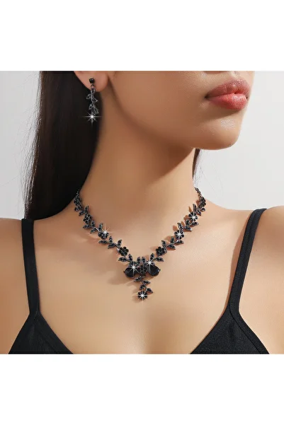 Choice 80830611-black 3pc Women's Fashion Trend Small Flower Water Drop Necklace Earrings Jewelry Set Weddi