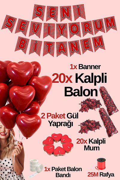 Baloncu Dede 20 Red Heart Balloons, 20 Candles, I Love You,I Love