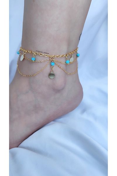 MYSTERY TAKI AKSESUAR Blue Glass Bead Sequin Gold Chain Anklet