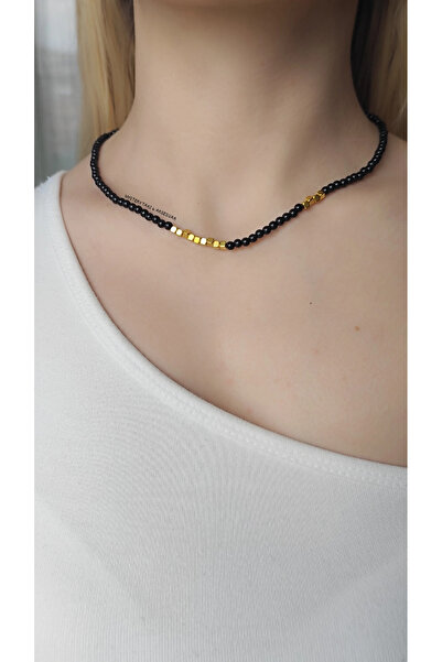 MYSTERY TAKI AKSESUAR Black Minimal Pearl Gold Detail Necklace