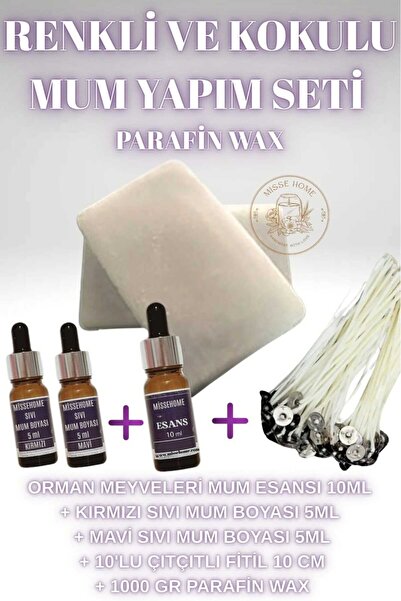 Misse Mum Yapım Seti Parafin Wax 1 kg + Mum Esansı 10ml + 2 Adet Sıvı Mum Boyası 5ml + 10 lu Fitil 10cm