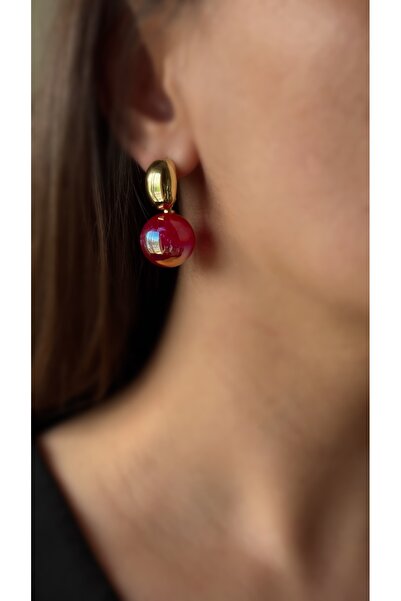 Soles 14 Ayar altın rengi kırmızı sedef kaplı sallantılı top Çelik küpe