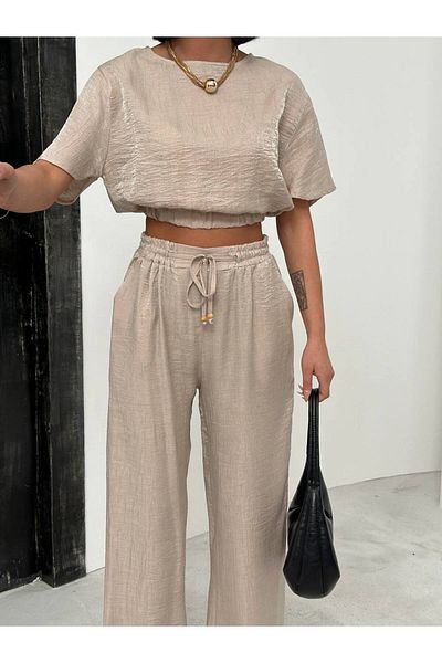 Zoe Zoe Shiny Modal Fabric Elastic Waist Crop/Palazzo Cut Elastic Lace-Up Pants Suit Hijab