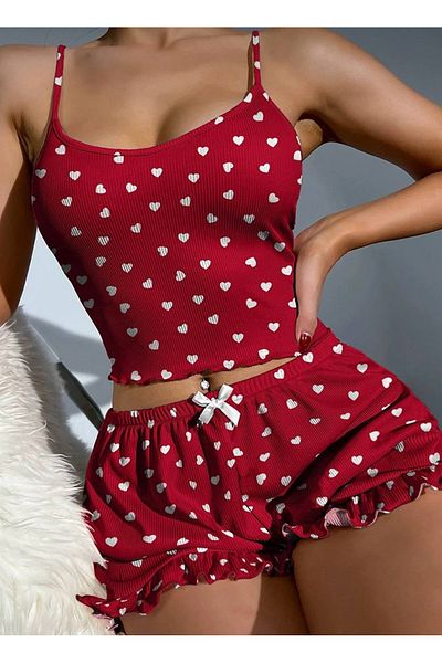 MEYLİYA Red Strappy Pajama Set with Mini Shorts - Love Ribbed Heart Camisole