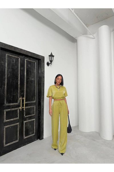 Zoe Zoe Shiny Modal Fabric Elastic Waist Crop/Palazzo Cut Elastic Lace-Up Pants Suit Hijab