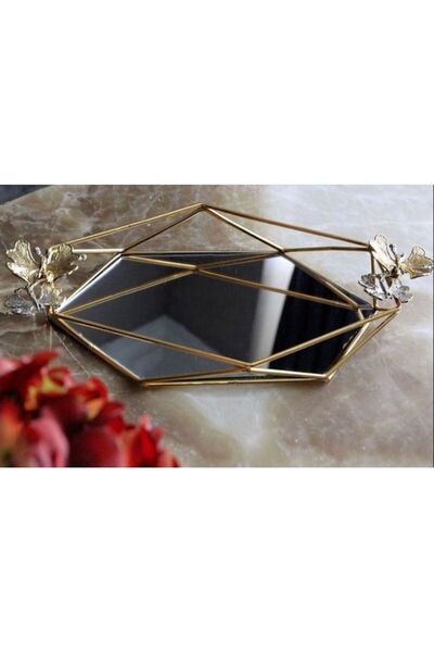 SEA DESİGN Kelebekli Prizma Aynalı Gold Tepsi - Yüzük Tepsisi - Nişan Tepsisi - Sunum Tepsisi