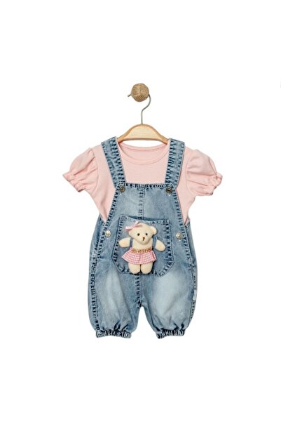 GENGHİS Kız Çocuk Bebek Salopet Askılı T-shirt Oyuncak Ayılı Kot Takım 2Li