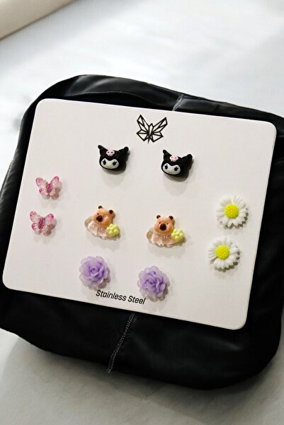 MakeWell Çelik Kararmaz Kuromi Hello Kity Tavşan Civciv Mickey Mouse Tasarımlı 5li Çelik Küpe Seti